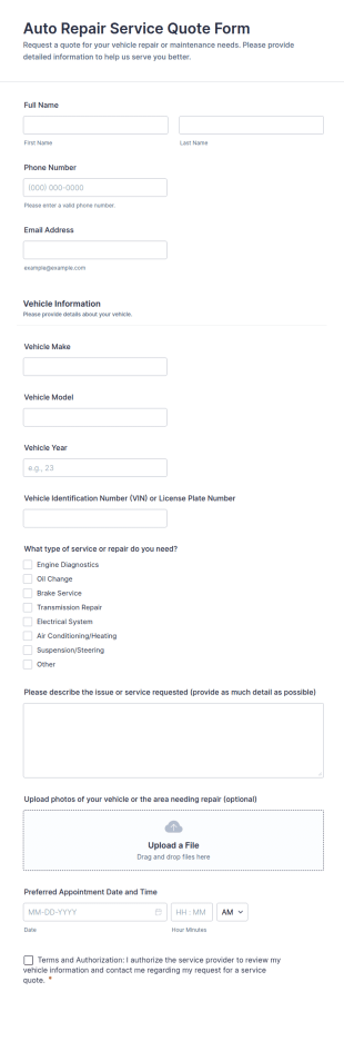 Auto Repair Service Quote Form Template
