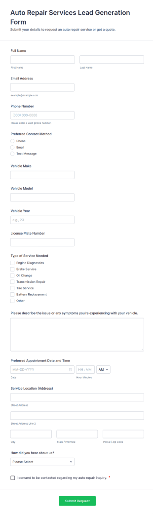 Auto Repair Services Lead Generation Form Template