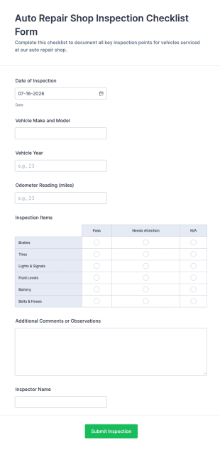Auto Repair Shop Inspection Checklist Form Template