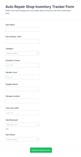 Auto Repair Shop Inventory Tracker Form Template