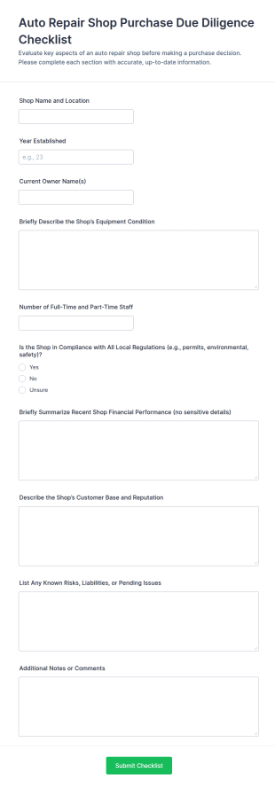 Auto Repair Shop Purchase Due Diligence Checklist Form Template