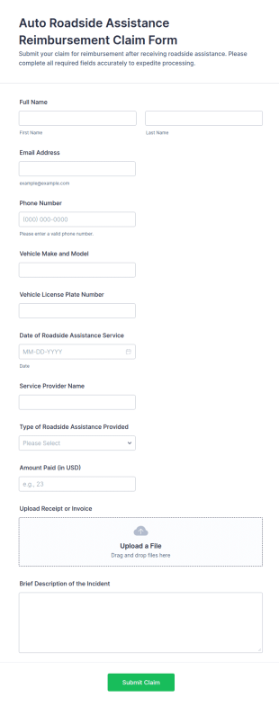 Auto Roadside Assistance Reimbursement Claim Form Template