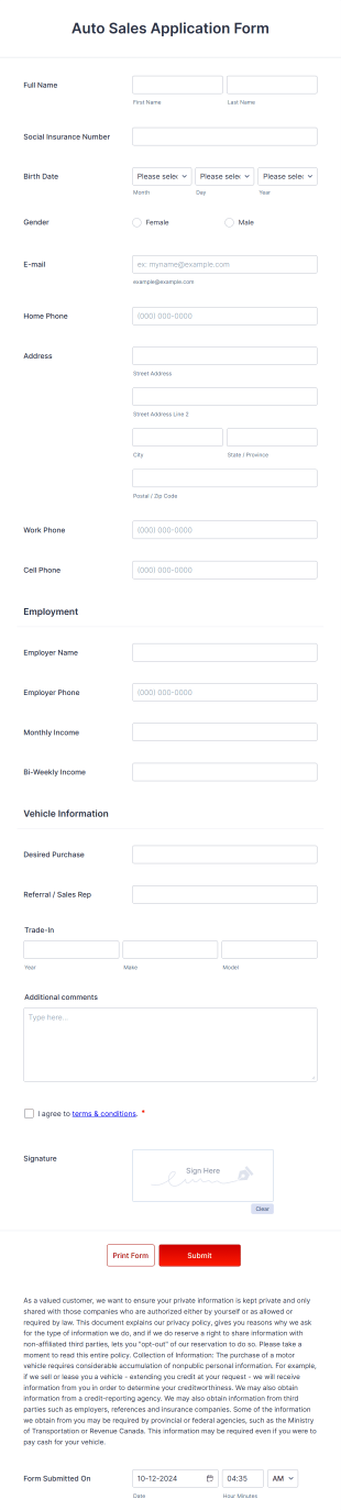 Auto Sales Application Form Template