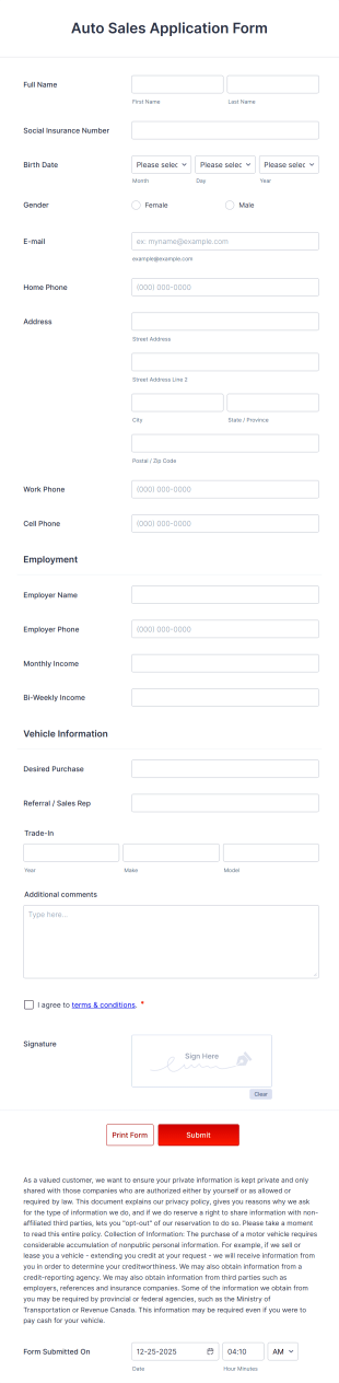 Auto Sales Application Form Template