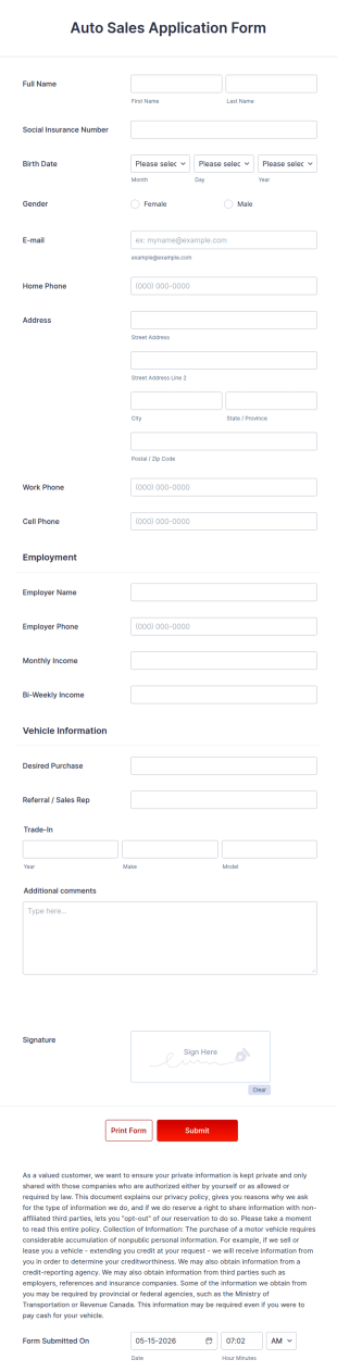Auto Sales Application Form Template