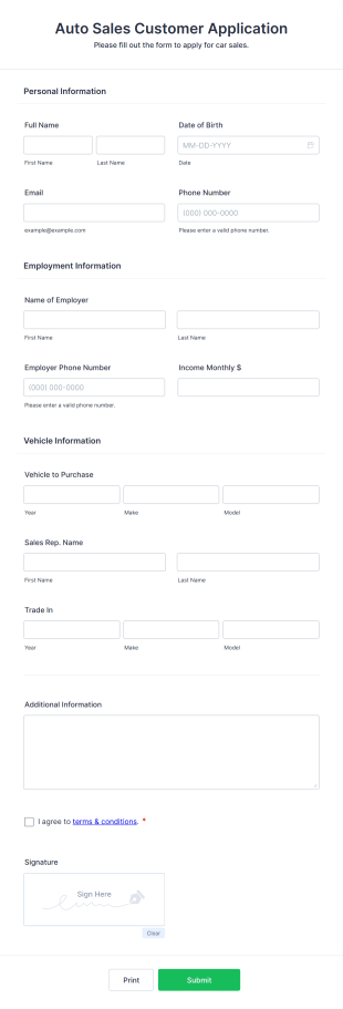 Auto Sales Customer Application Form Template