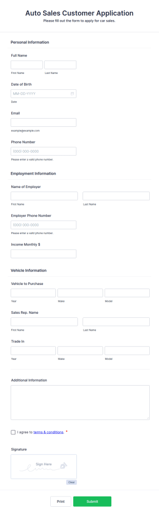 Auto Sales Customer Application Form Template