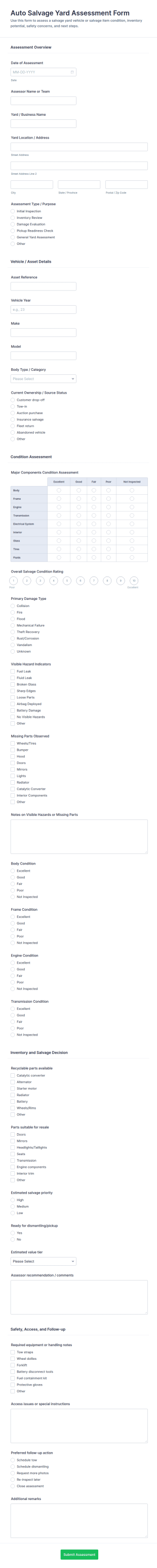 Auto Salvage Yard Assessment Form Template