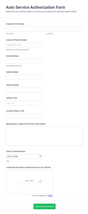 Auto Service Authorization Form Template