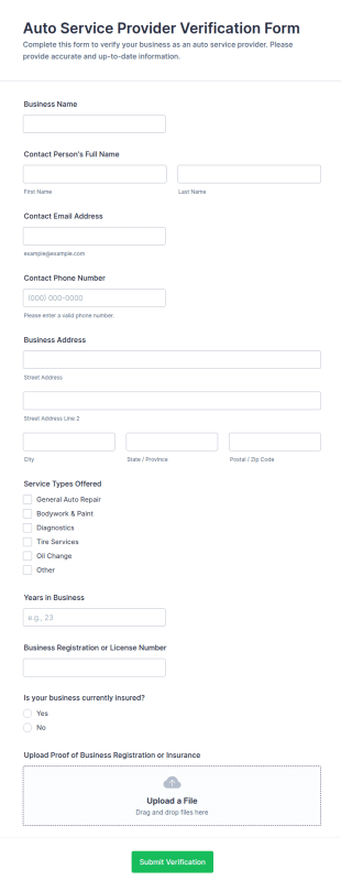 Auto Service Provider Verification Form Template