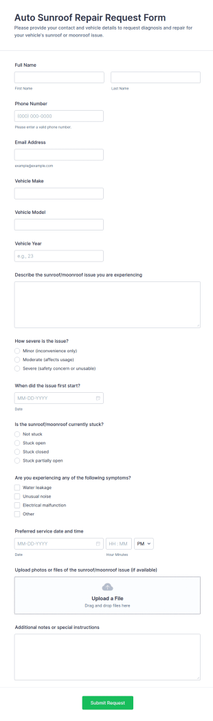 Auto Sunroof Repair Request Form Template