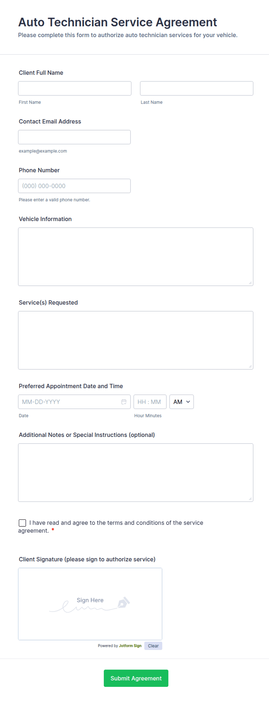 Auto Technician Service Agreement Form Template | Jotform