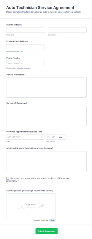 Auto Technician Service Agreement Form Template