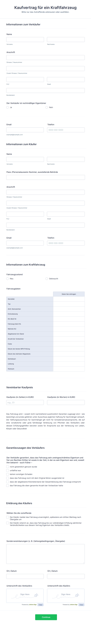 Auto Verkauf Vertrag Formular Form Template