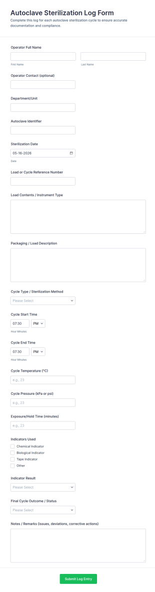 Autoclave Sterilization Log Form Template