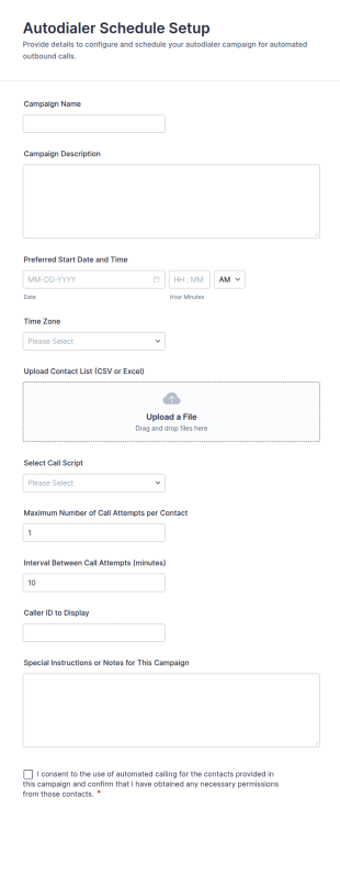 Autodialer Schedule Setup Form Template