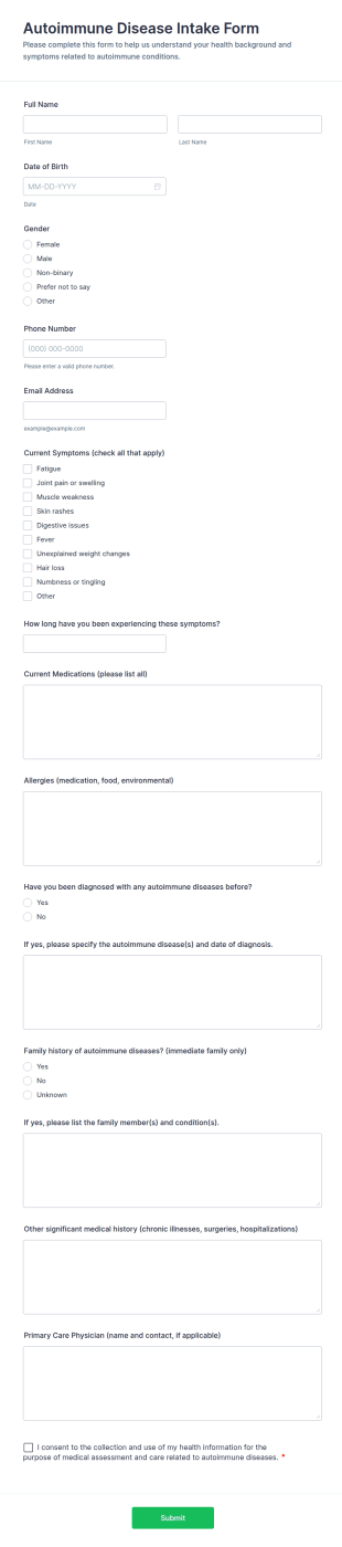 Autoimmune Disease Intake Form Template