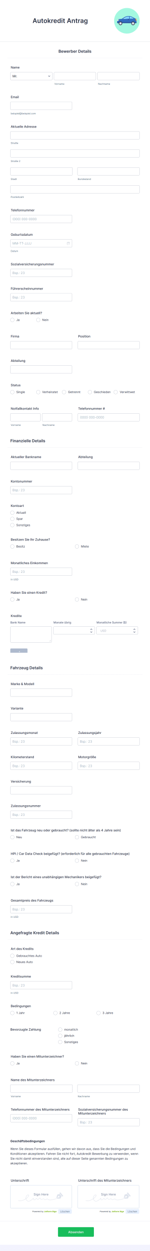 Autokredit Antrag Form Template