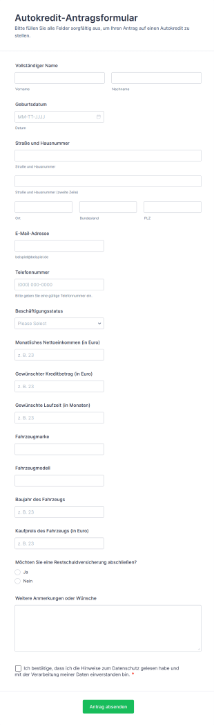Autokredit Antragsformular