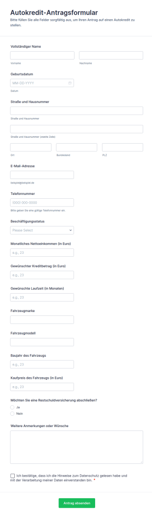 Autokredit Antragsformular