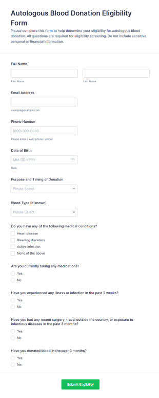 Autologous Blood Donation Eligibility Form Template