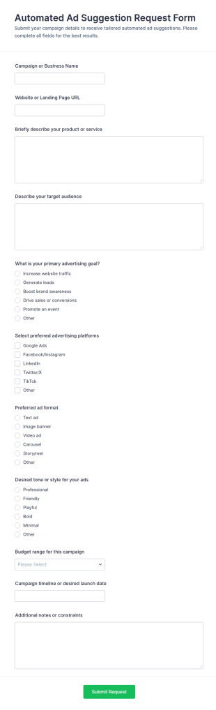 Automated Ad Suggestion Request Form Template