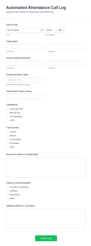 Automated Attendance Call Log Form Template