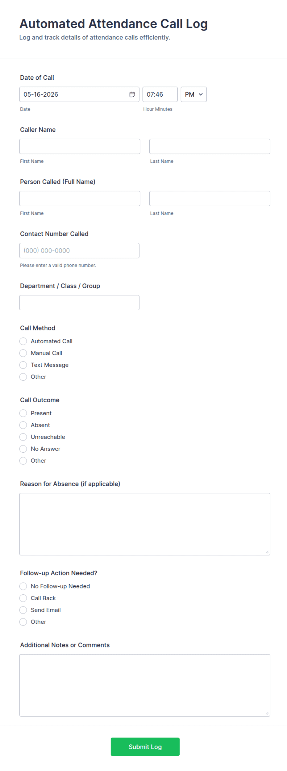 Automated Attendance Call Log Form Template | Jotform
