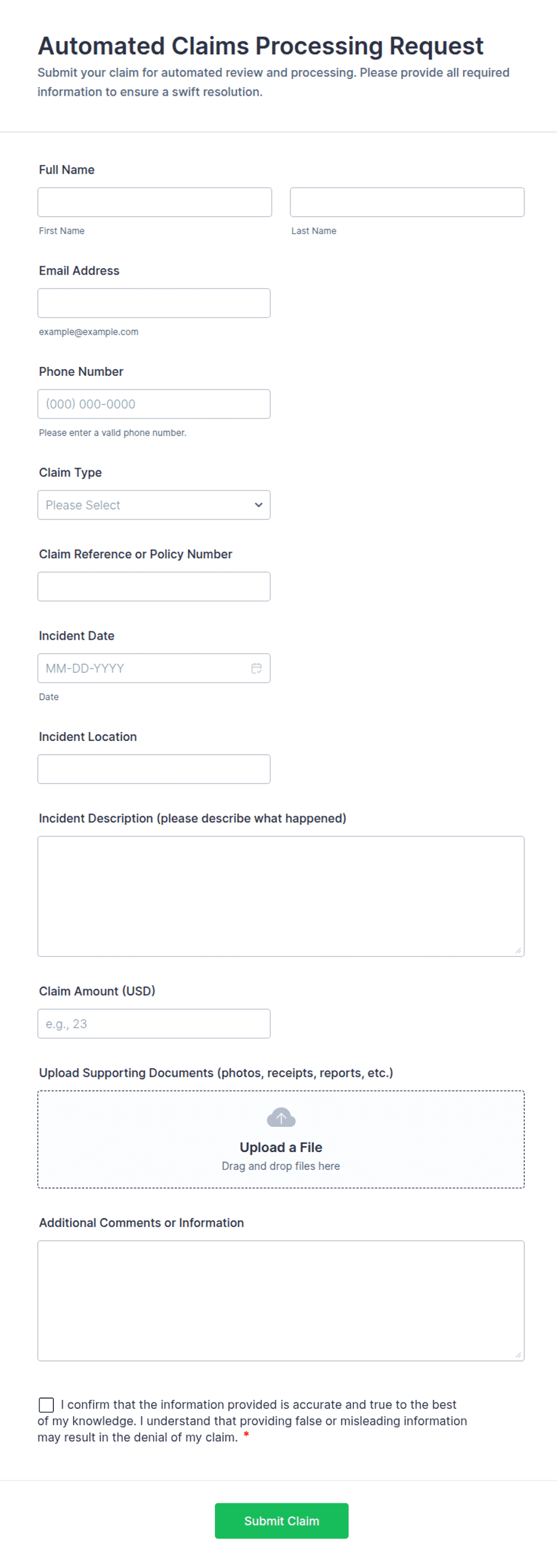 Processing Requst Form Automated Claims Processing Request Form Template | Jotform