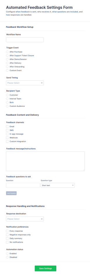 Automated Feedback Settings Form Template