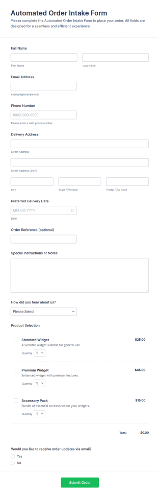 Automated Order Intake Form Template