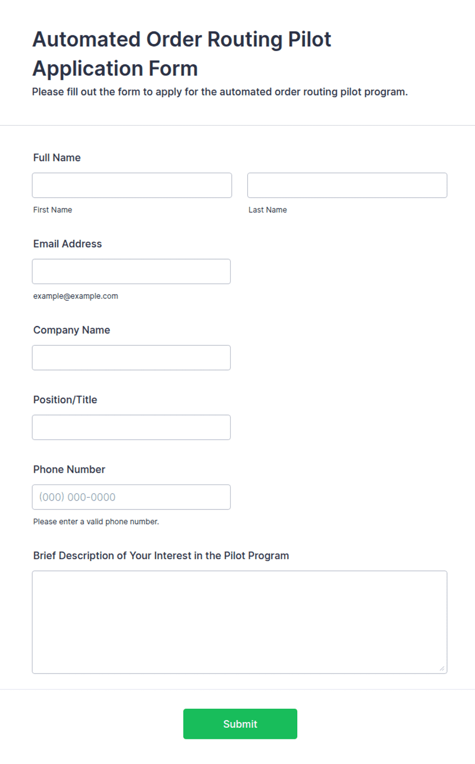 Automated Order Routing Pilot Application Form Template | Jotform