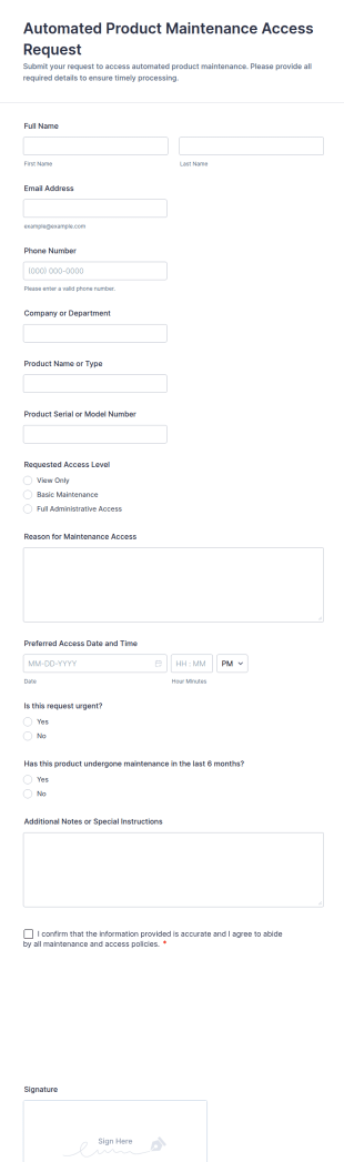Automated Product Maintenance Access Request Form Template
