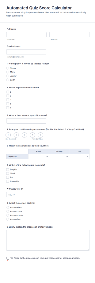 Automated Quiz Score Calculator Form Template