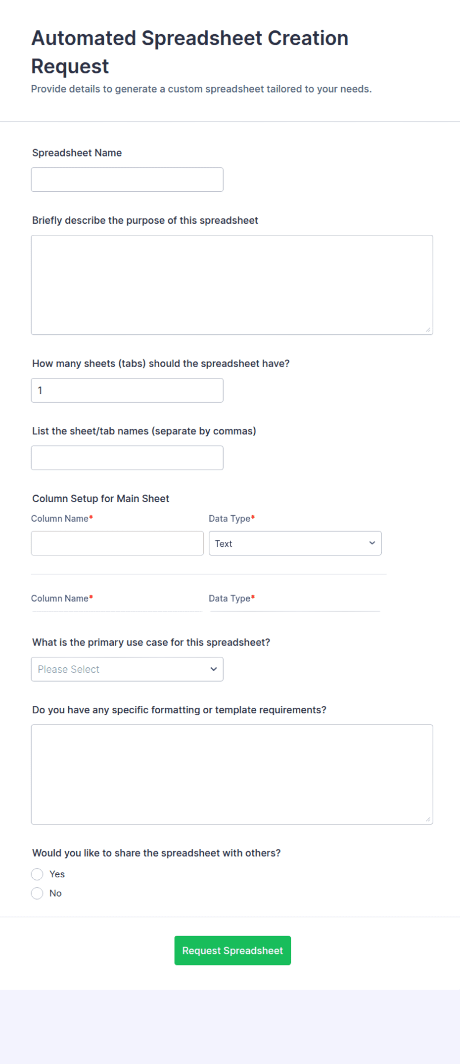 Automated Spreadsheet Creation Request Form Template | Jotform