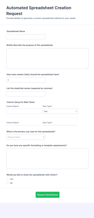 Automated Spreadsheet Creation Request Form Template