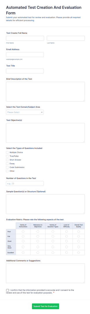 Automated Test Creation And Evaluation Form Template
