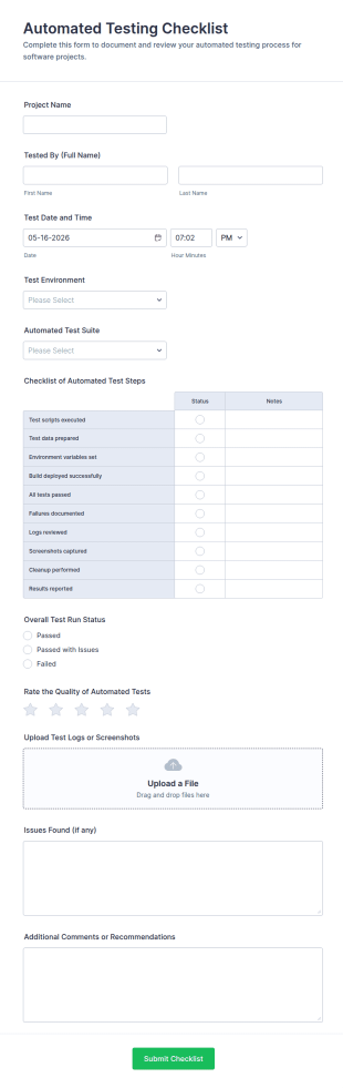 Automated Testing Checklist Form Template