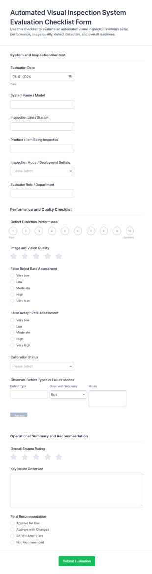 Automated Visual Inspection System Evaluation Checklist Form Template