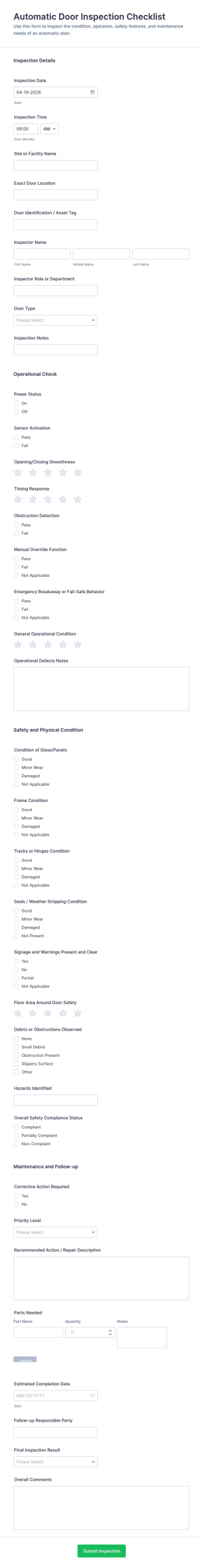 Automatic Door Inspection Checklist Form Template