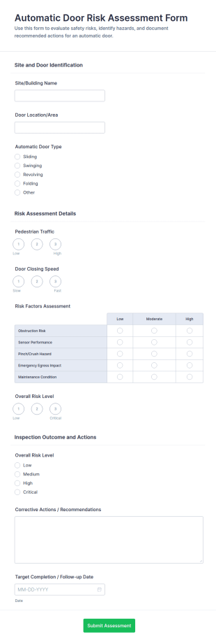 Automatic Door Risk Assessment Form Template