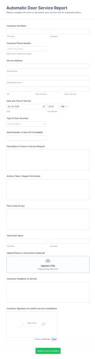 Automatic Door Service Report Form Template