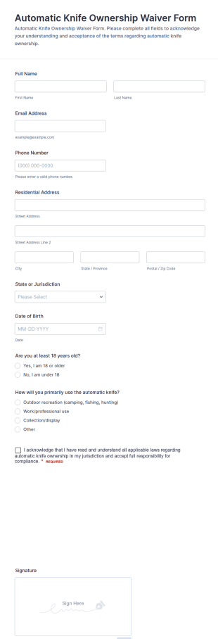 Automatic Knife Ownership Waiver Form Template