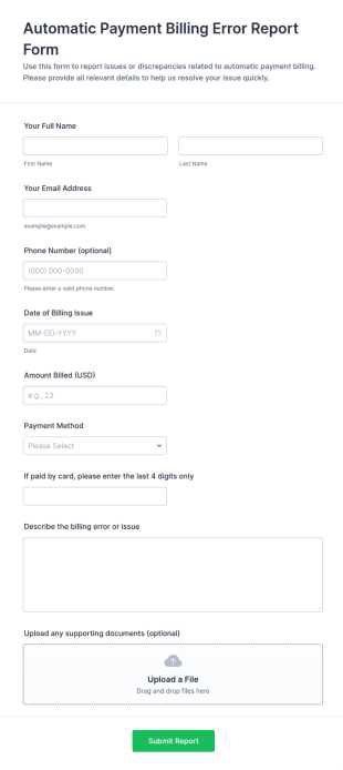 Automatic Payment Billing Error Report Form Template