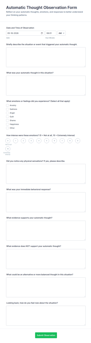 Automatic Thought Observation Form Template