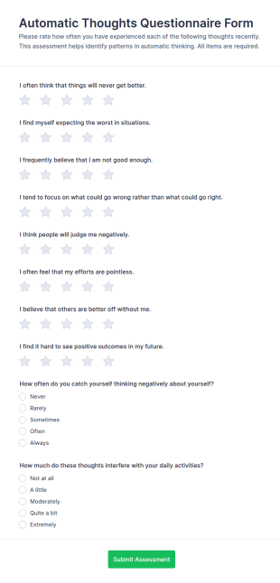 Automatic Thoughts Questionnaire Form Template