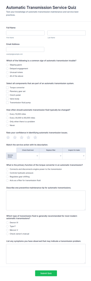 Automatic Transmission Service Quiz Form Template