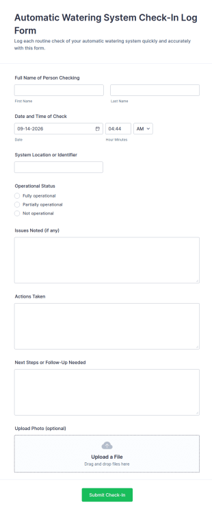 Automatic Watering System Check In Log Form Template