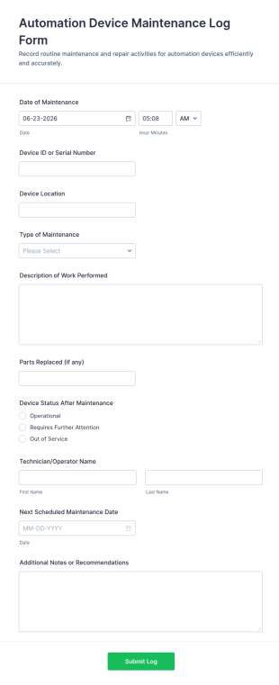 Automation Device Maintenance Log Form Template