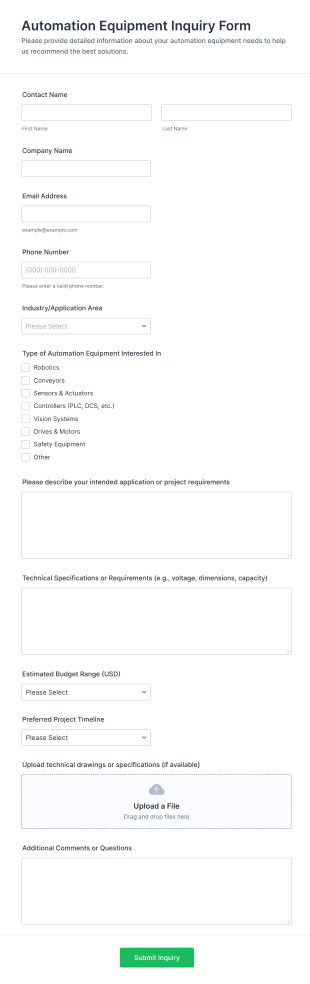 Automation Equipment Inquiry Form Template